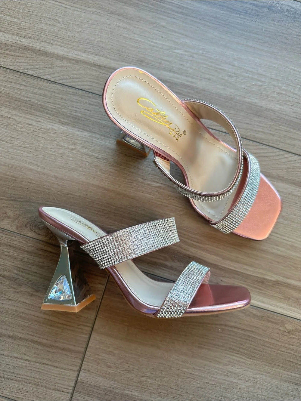 Crystal-Embellished Rose Pink Metallic Block Heel Sandals Brand New w/ Box
